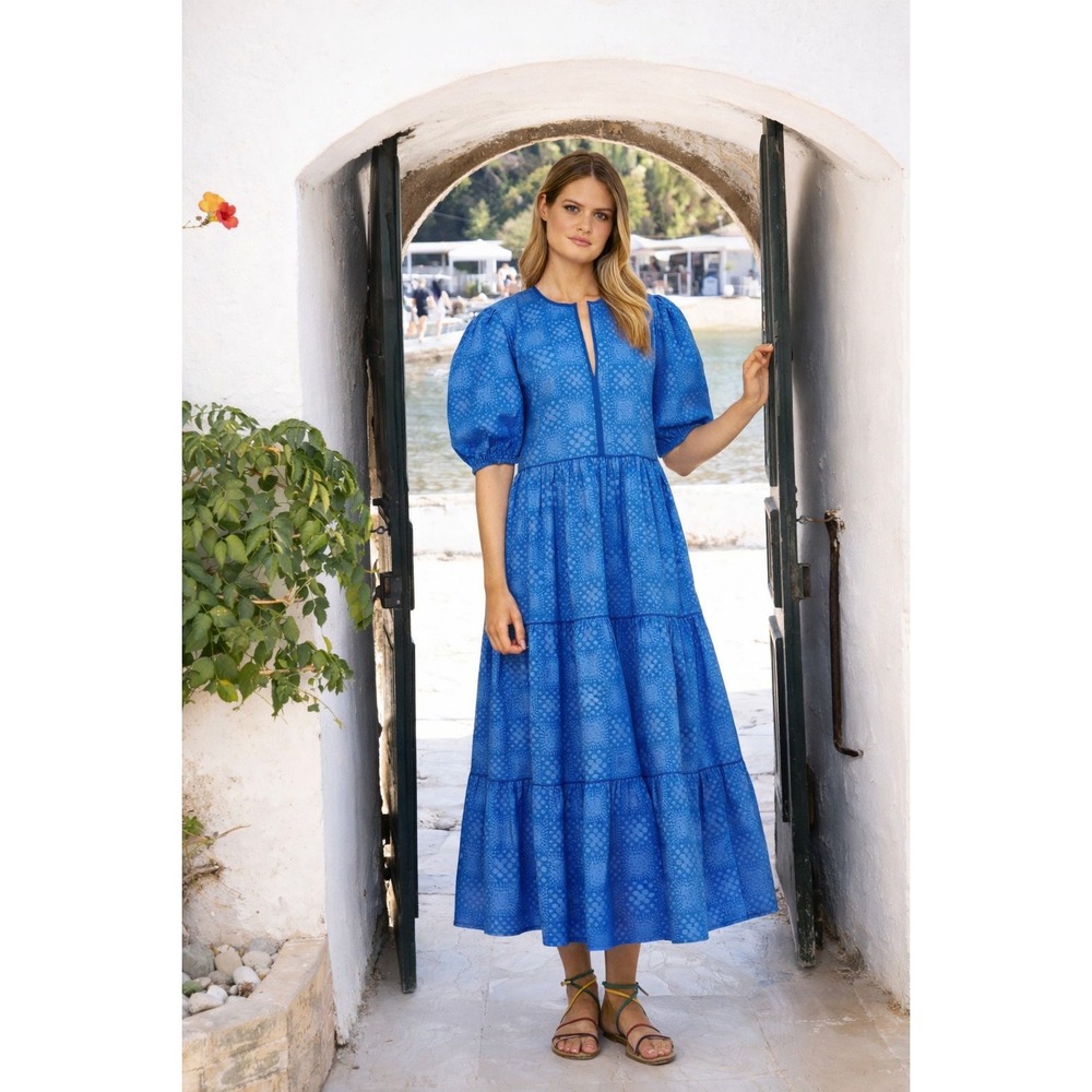Oliphant puff sleeve maxi dress size 2X in blue matrix print‎